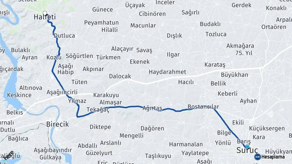 Şanlıurfa Suruç Halfeti Arası Kaç Km - Yol Haritası