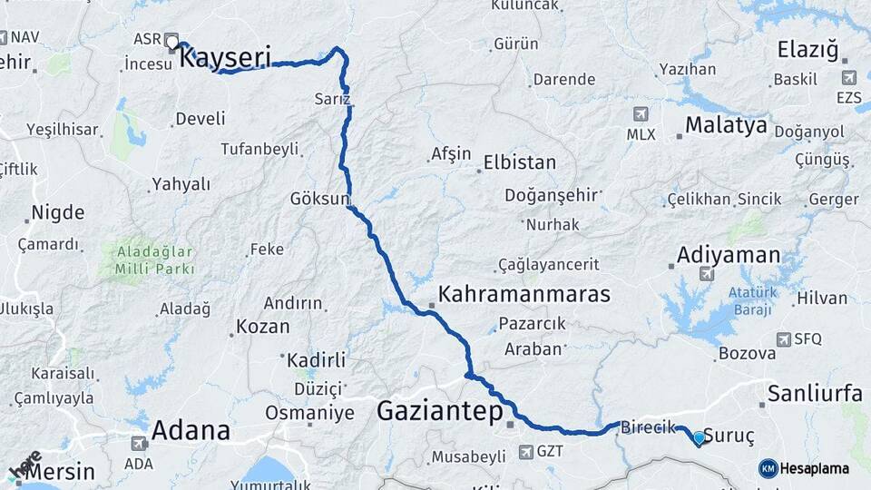 Şanlıurfa Suruç Kayseri Arası Kaç Km - Yol Haritası