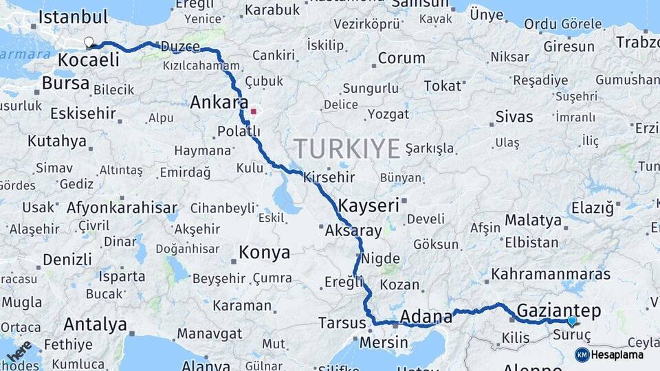Şanlıurfa Suruç Kocaeli Arası Kaç Km - Yol Haritası