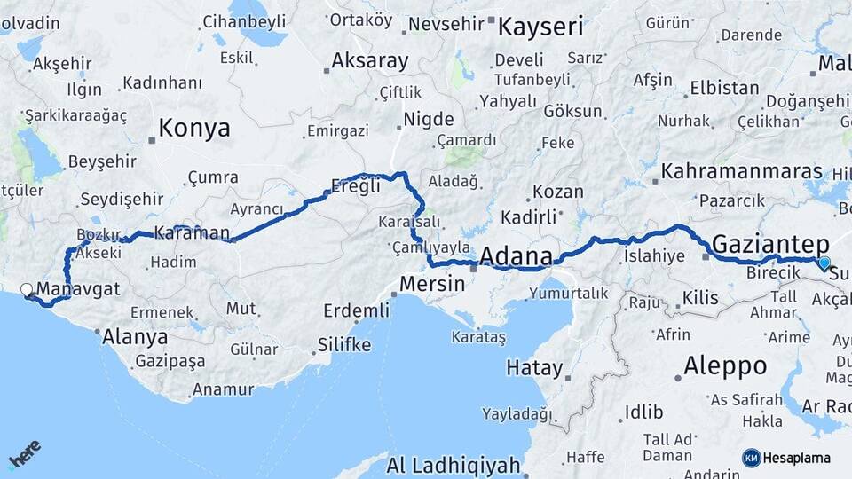 Şanlıurfa Suruç Side Manavgat Antalya Arası Kaç Km - Yol Haritası