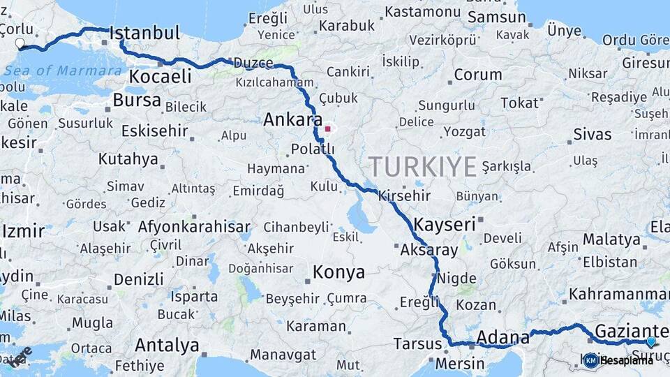 Şanlıurfa Suruç Tekirdağ Arası Kaç Km - Yol Haritası