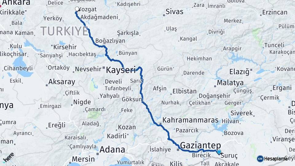 Şanlıurfa Suruç Yozgat Arası Kaç Km - Yol Haritası