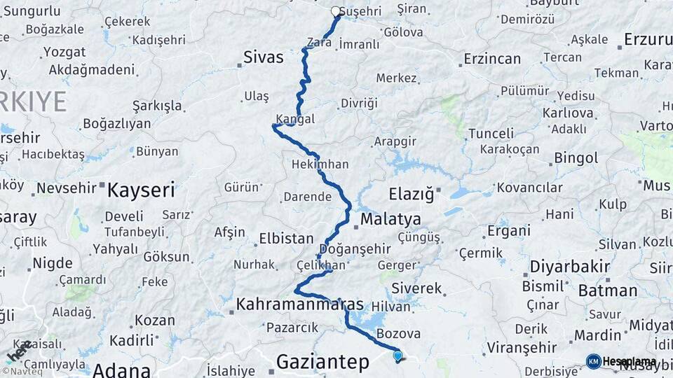Şanlıurfa Suşehri Sivas Arası Kaç Km - Yol Haritası