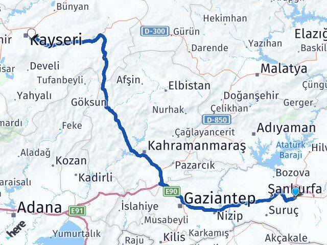 Şanlıurfa Talas Kayseri Arası Kaç Km - Yol Haritası