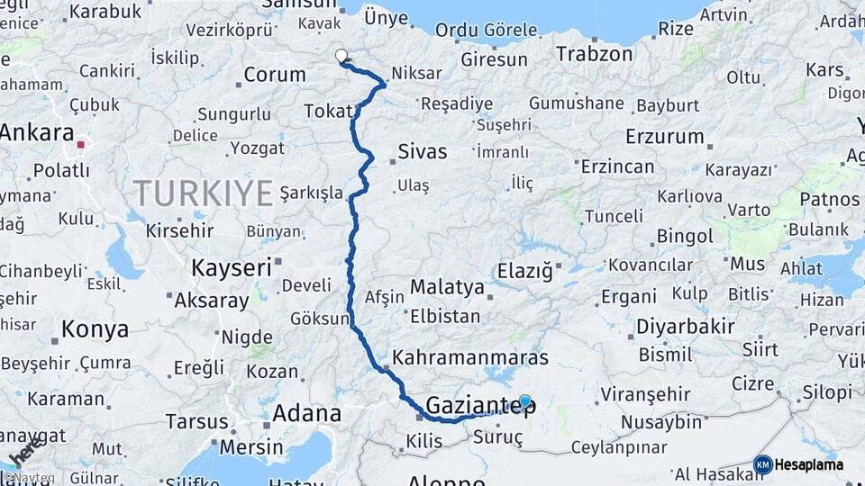 Şanlıurfa Taşova Amasya Arası Kaç Km - Yol Haritası