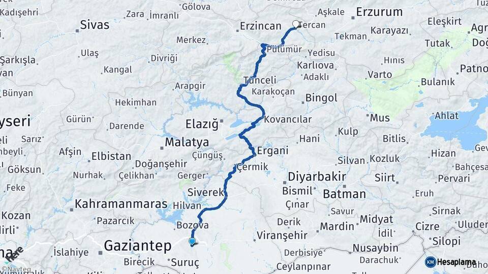 Şanlıurfa Tercan Erzincan Arası Kaç Km - Yol Haritası