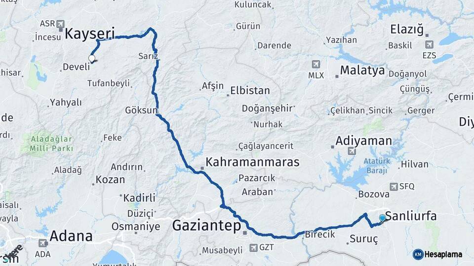 Şanlıurfa Tomarza Kayseri Arası Kaç Km - Yol Haritası
