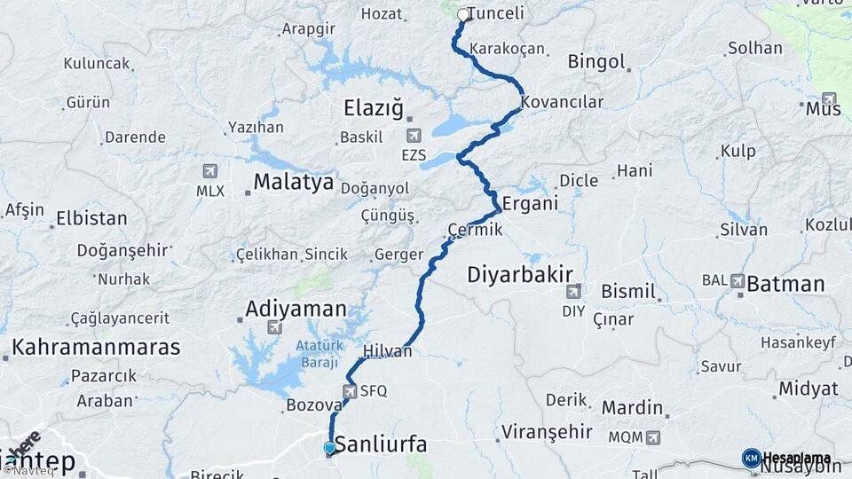 Şanlıurfa Tunceli Arası Kaç Km - Yol Haritası