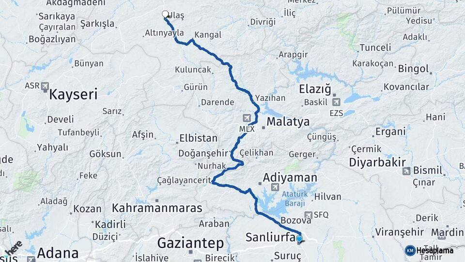 Şanlıurfa Ulaş Sivas Arası Kaç Km - Yol Haritası