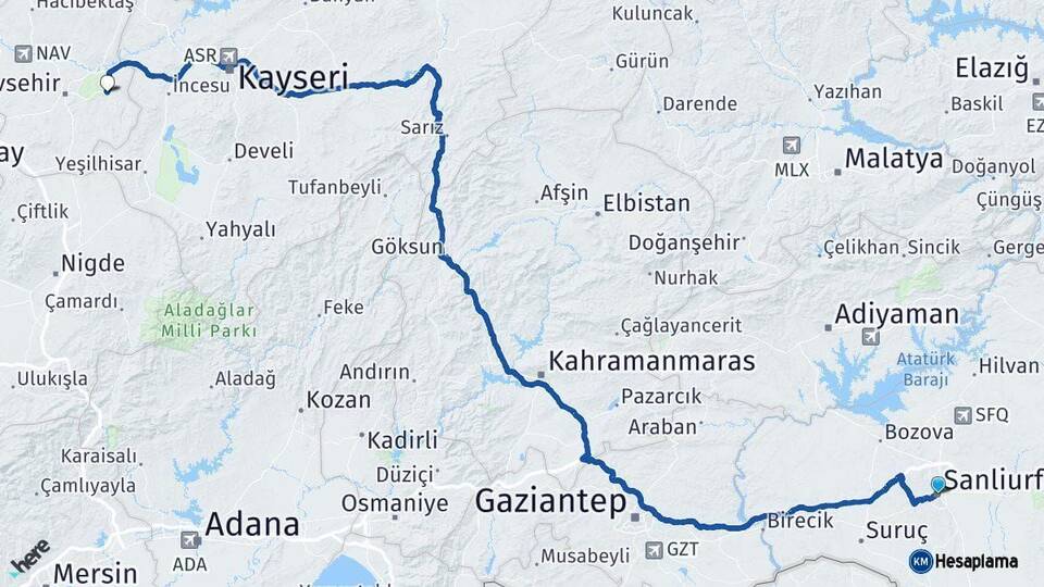 Şanlıurfa Ürgüp Nevşehir Arası Kaç Km - Yol Haritası