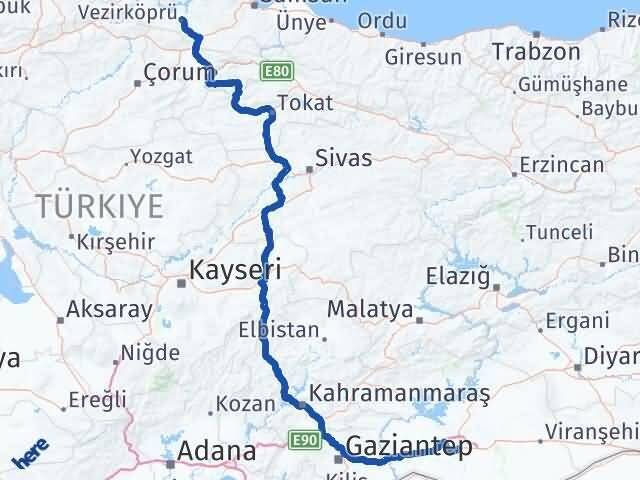 Şanlıurfa Vezirköprü Samsun Arası Kaç Km - Yol Haritası