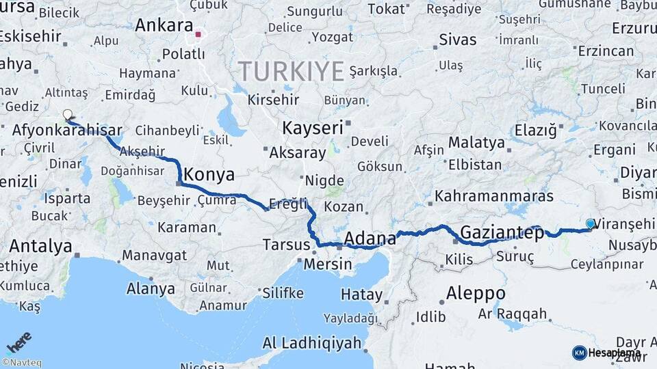 Şanlıurfa Viranşehir Afyonkarahisar Arası Kaç Km - Yol Haritası