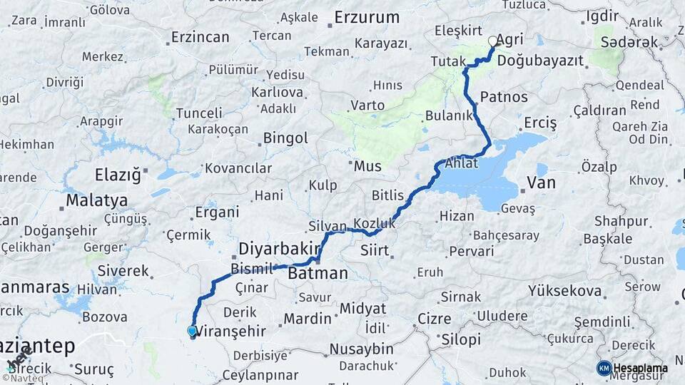 Şanlıurfa Viranşehir Ağrı Arası Kaç Km - Yol Haritası