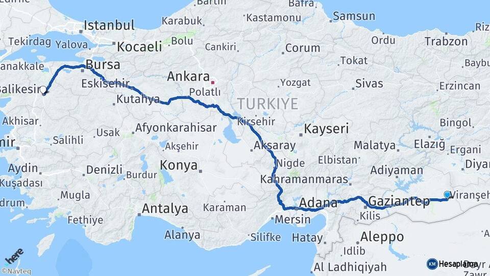 Şanlıurfa Viranşehir Balıkesir Arası Kaç Km - Yol Haritası