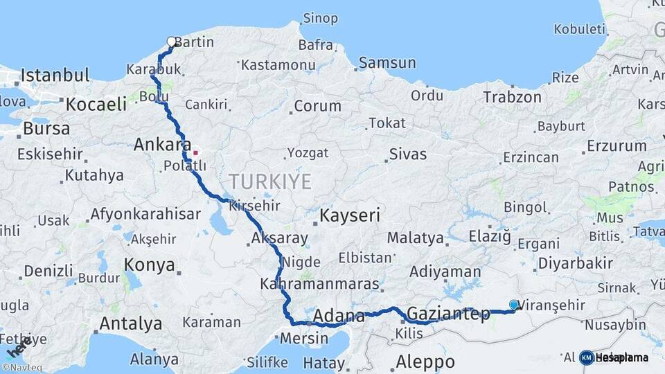 Şanlıurfa Viranşehir Bartın Arası Kaç Km - Yol Haritası