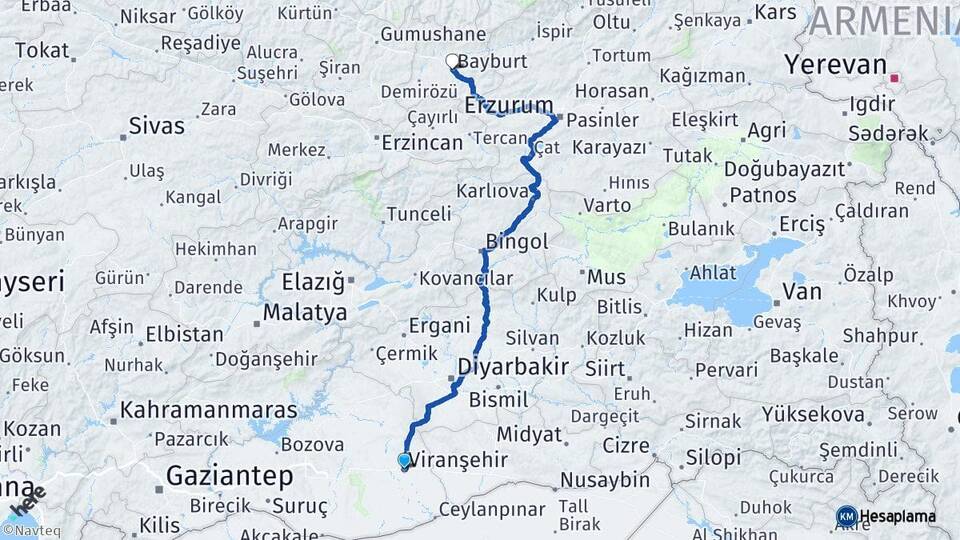 Şanlıurfa Viranşehir Bayburt Arası Kaç Km - Yol Haritası