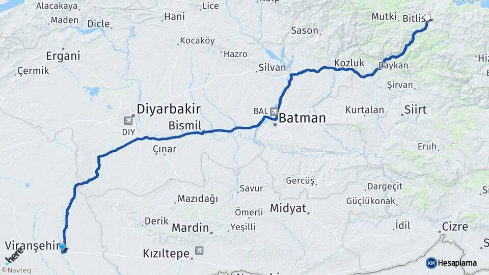Şanlıurfa Viranşehir Bitlis Arası Kaç Km - Yol Haritası