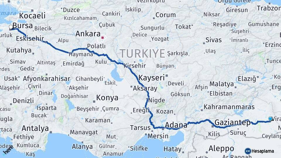 Şanlıurfa Viranşehir Bursa Arası Kaç Km - Yol Haritası
