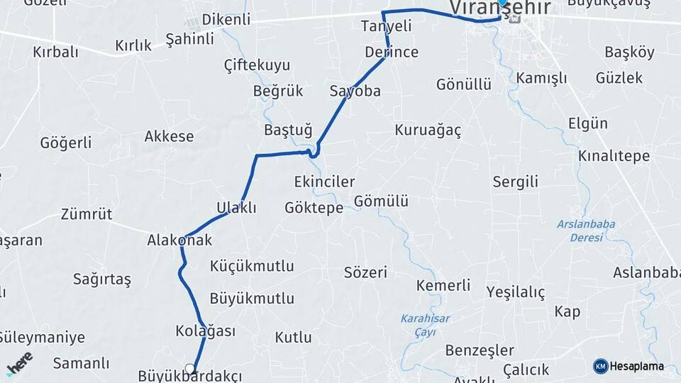 Şanlıurfa Viranşehir Büyükbardakçı Viranşehir Arası Kaç Km - Yol Haritası