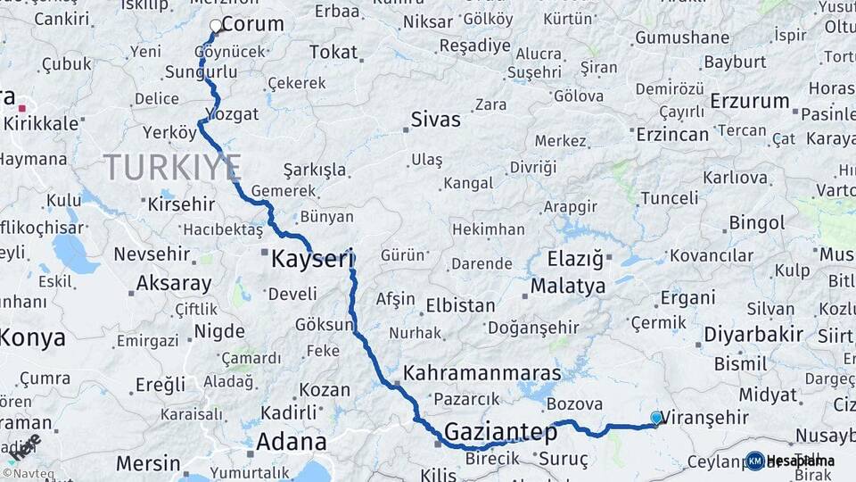 Şanlıurfa Viranşehir Çorum Arası Kaç Km - Yol Haritası