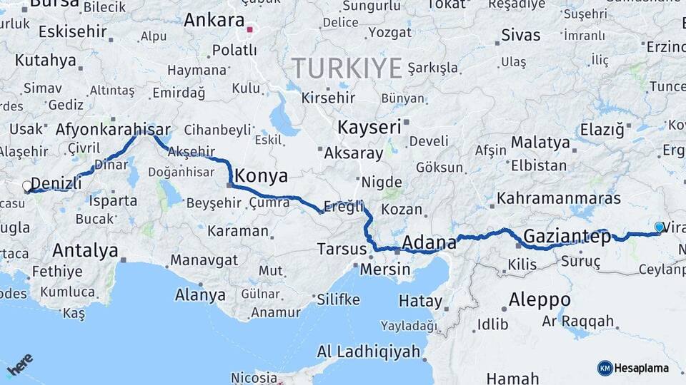 Şanlıurfa Viranşehir Denizli Arası Kaç Km - Yol Haritası