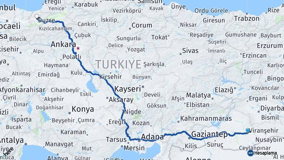 Şanlıurfa Viranşehir Düzce Arası Kaç Km - Yol Haritası