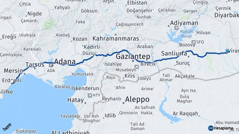 Şanlıurfa Viranşehir Erdemli Mersin Arası Kaç Km - Yol Haritası
