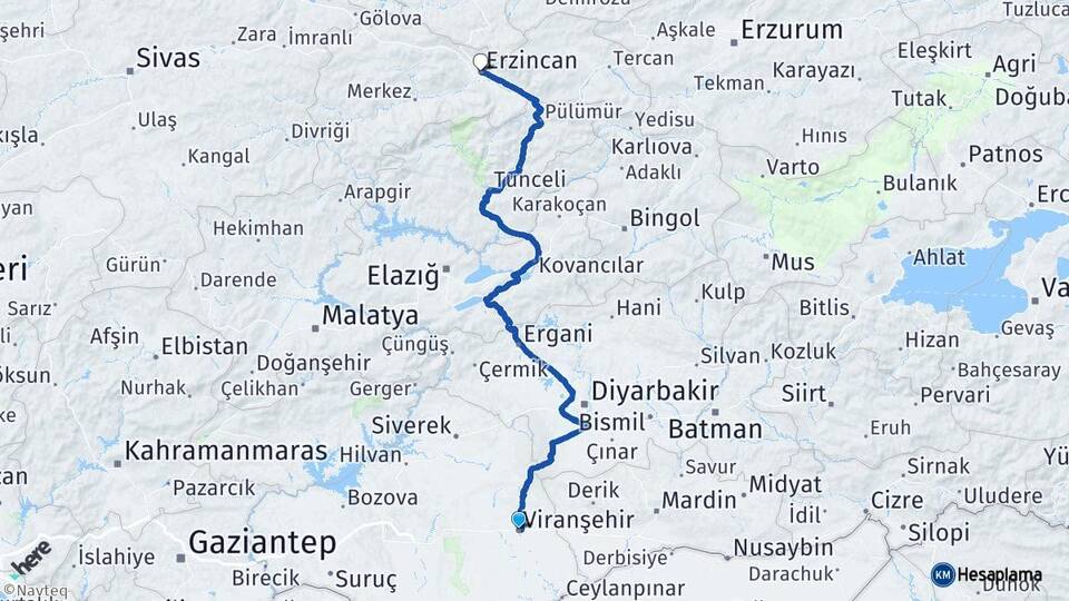 Şanlıurfa Viranşehir Erzincan Arası Kaç Km - Yol Haritası