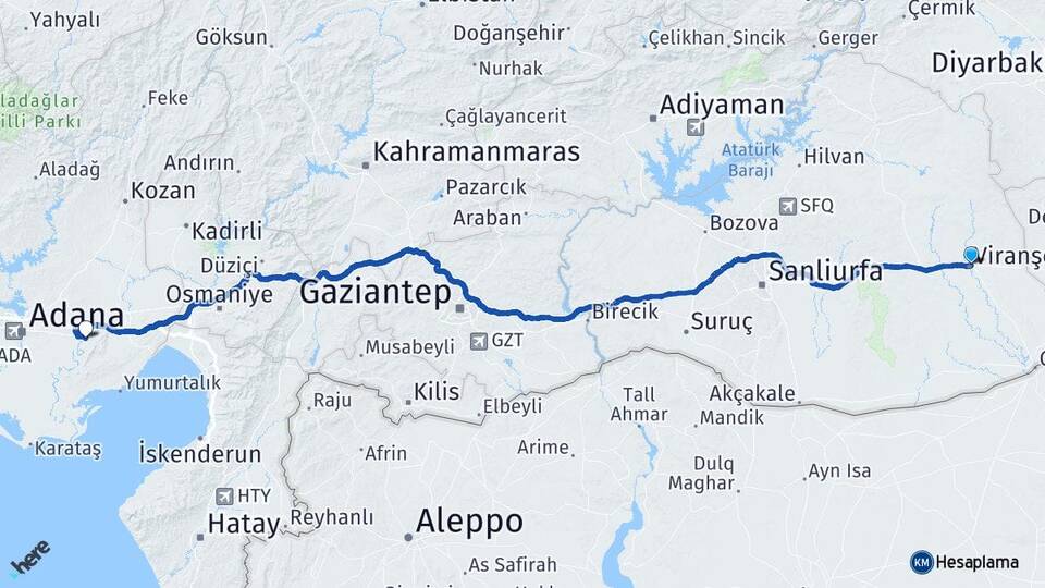Şanlıurfa Viranşehir Eski Misis Yüreğir Adana Arası Kaç Km - Yol Haritası