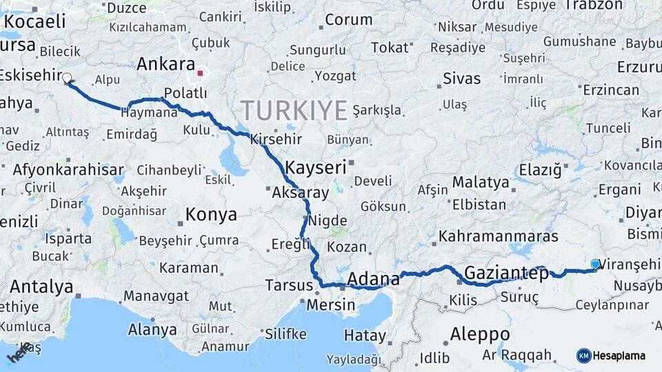 Şanlıurfa Viranşehir Eskişehir Arası Kaç Km - Yol Haritası
