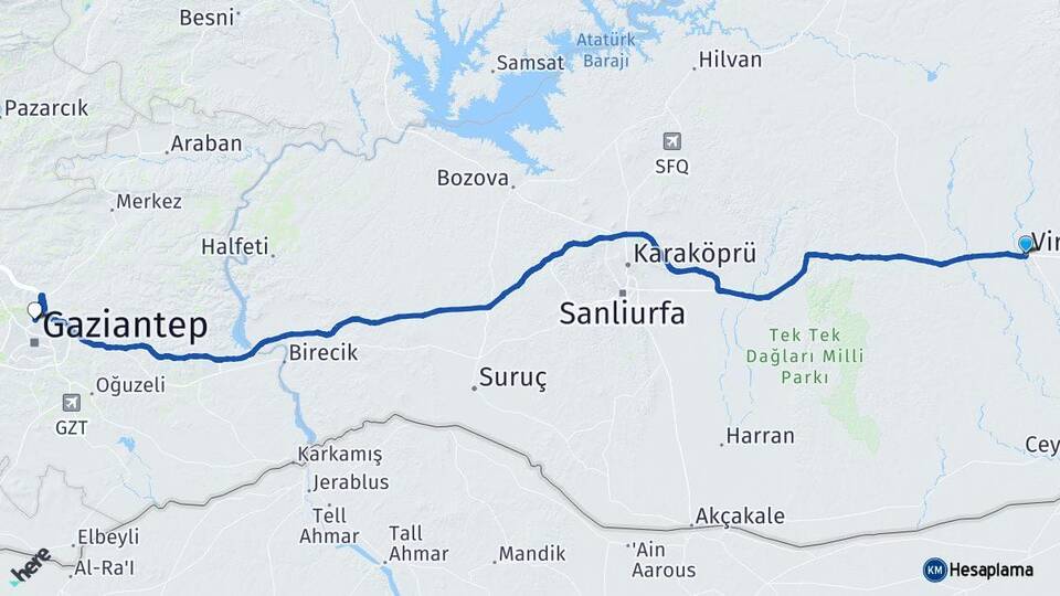 Şanlıurfa Viranşehir Gaziantep Arası Kaç Km - Yol Haritası