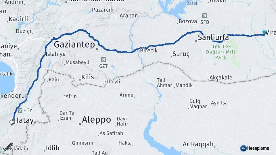 Şanlıurfa Viranşehir Hatay Arası Kaç Km - Yol Haritası
