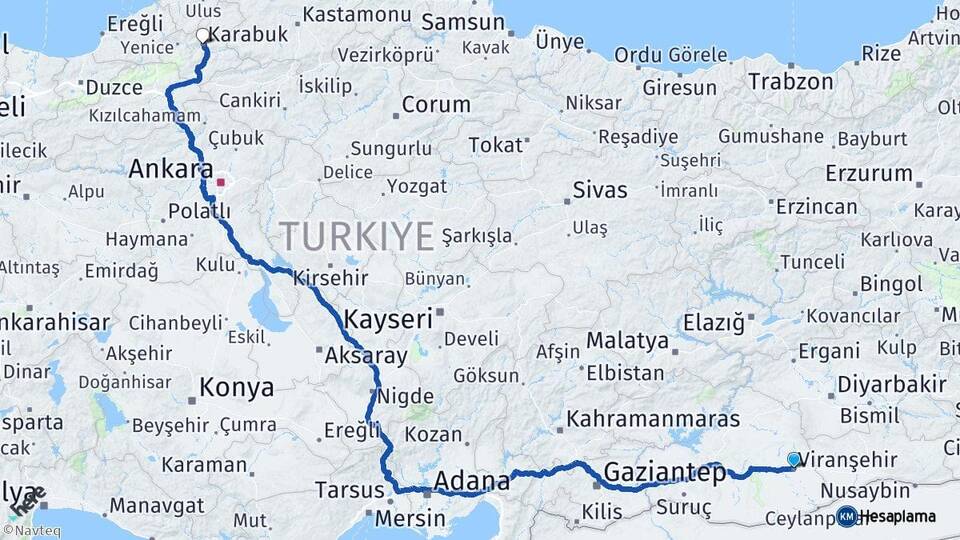 Şanlıurfa Viranşehir Karabük Arası Kaç Km - Yol Haritası