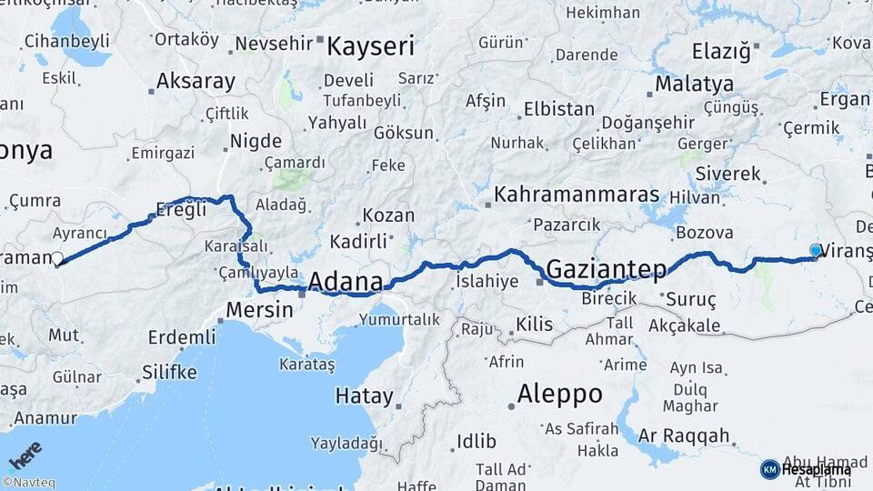 Şanlıurfa Viranşehir Karaman Arası Kaç Km - Yol Haritası