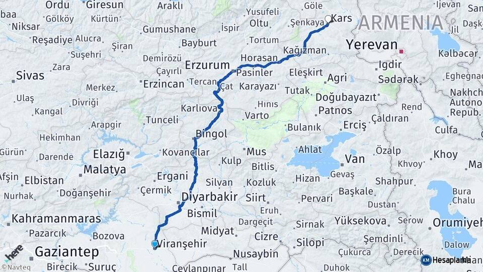 Şanlıurfa Viranşehir Kars Arası Kaç Km - Yol Haritası