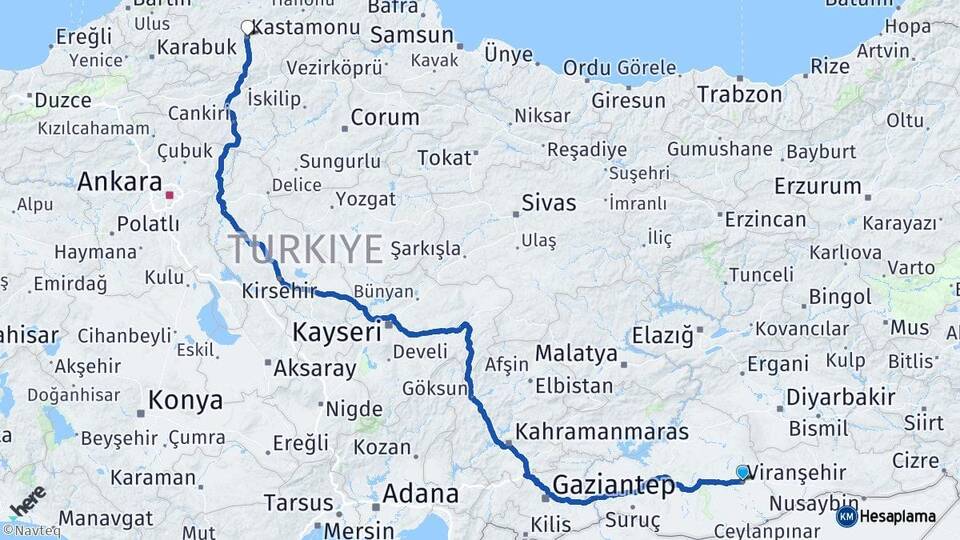 Şanlıurfa Viranşehir Kastamonu Arası Kaç Km - Yol Haritası