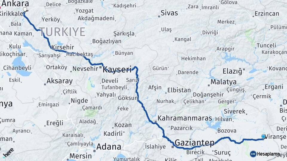 Şanlıurfa Viranşehir Kırıkkale Arası Kaç Km - Yol Haritası
