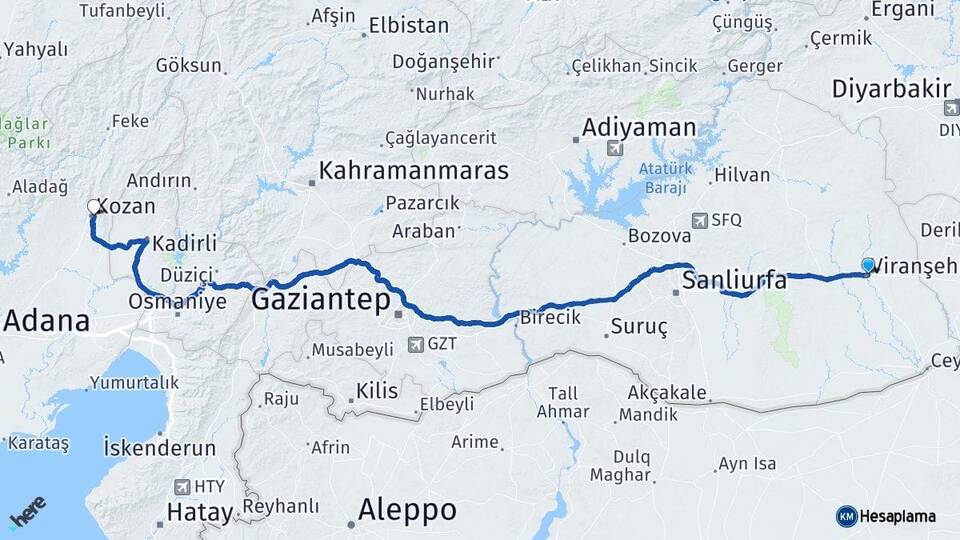 Şanlıurfa Viranşehir Kozan Adana Arası Kaç Km - Yol Haritası