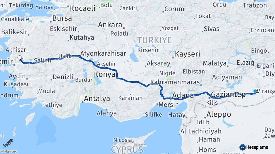 Şanlıurfa Viranşehir Manisa Arası Kaç Km - Yol Haritası