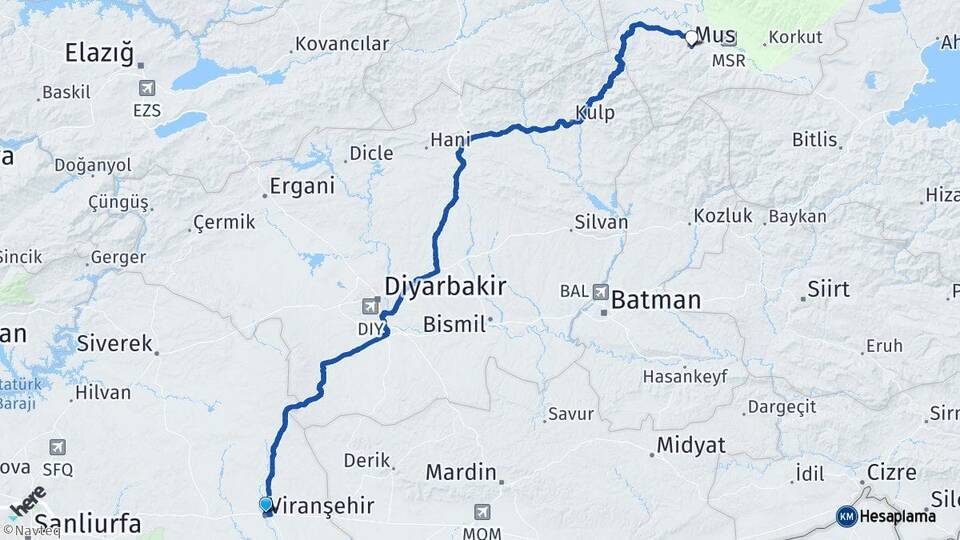 Şanlıurfa Viranşehir Muş Arası Kaç Km - Yol Haritası