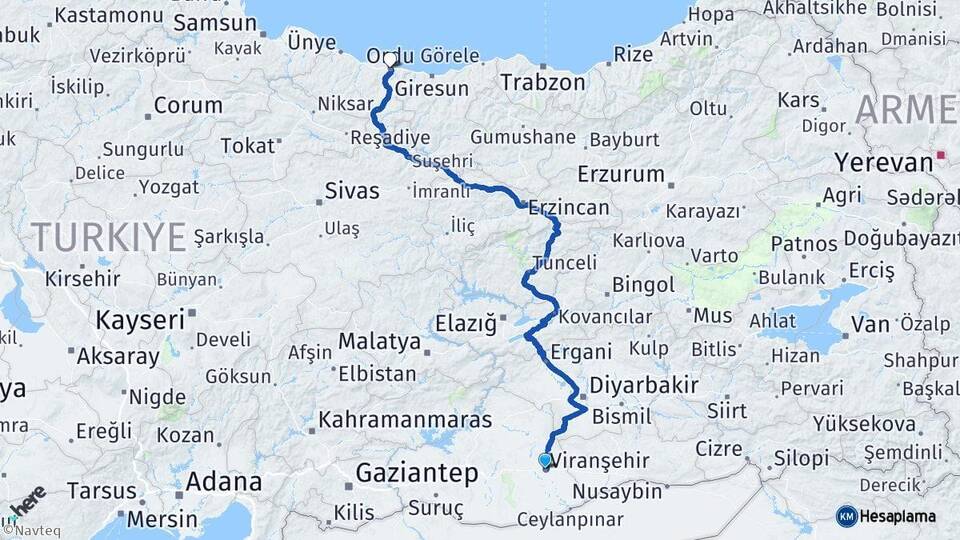 Şanlıurfa Viranşehir Ordu Arası Kaç Km - Yol Haritası
