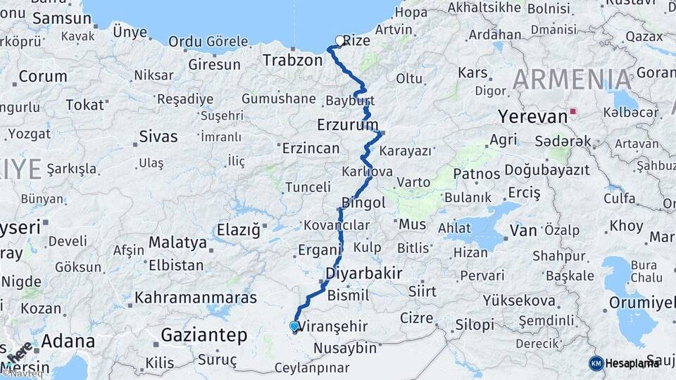 Şanlıurfa Viranşehir Rize Arası Kaç Km - Yol Haritası