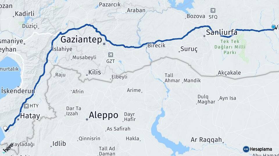 Şanlıurfa Viranşehir Samandağ Hatay Arası Kaç Km - Yol Haritası