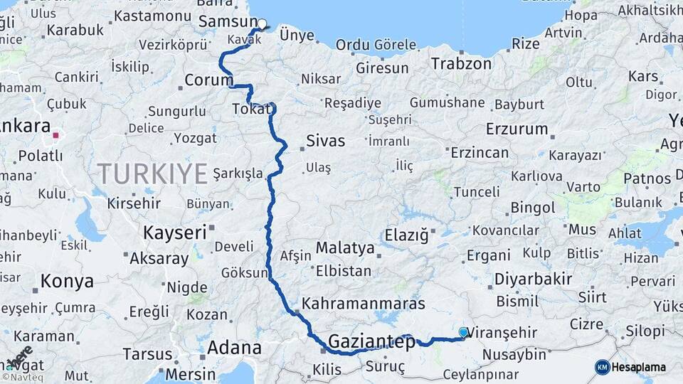 Şanlıurfa Viranşehir Samsun Arası Kaç Km - Yol Haritası