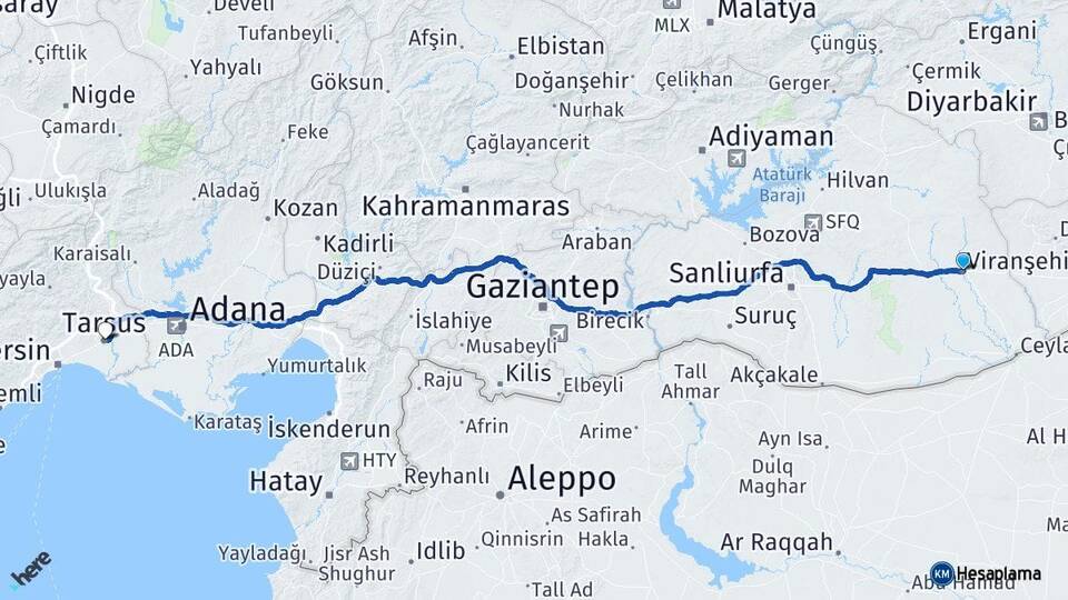 Şanlıurfa Viranşehir Tarsus Mersin Arası Kaç Km - Yol Haritası