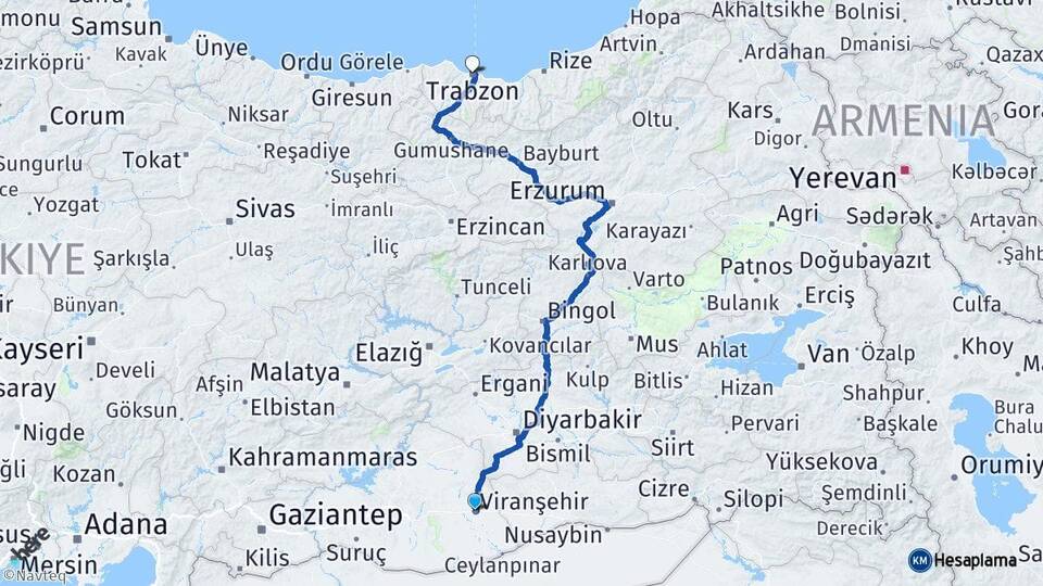 Şanlıurfa Viranşehir Trabzon Arası Kaç Km - Yol Haritası