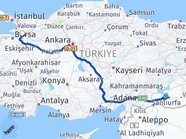 Şanlıurfa Yenişehir Bursa Arası Kaç Km - Yol Haritası