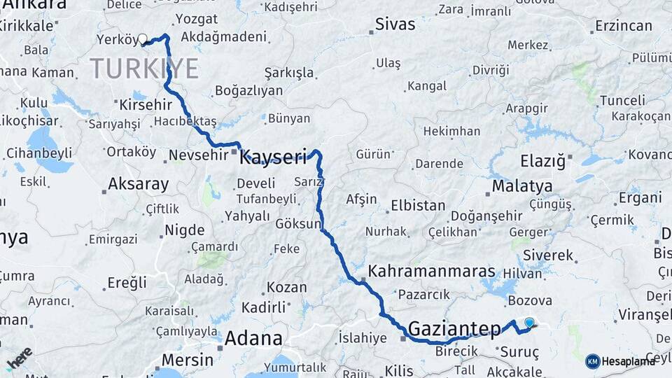 Şanlıurfa Yerköy Yozgat Arası Kaç Km - Yol Haritası