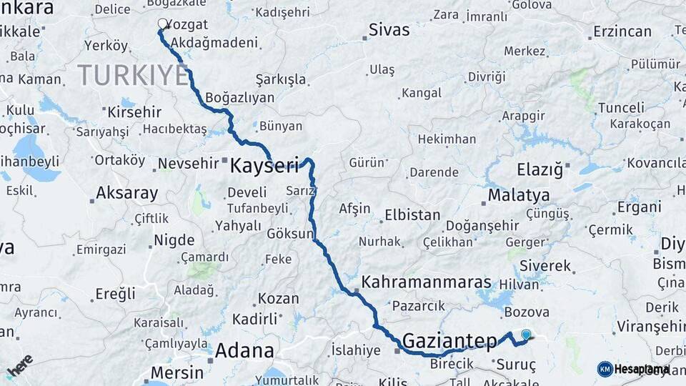 Şanlıurfa Yozgat Arası Kaç Km - Yol Haritası