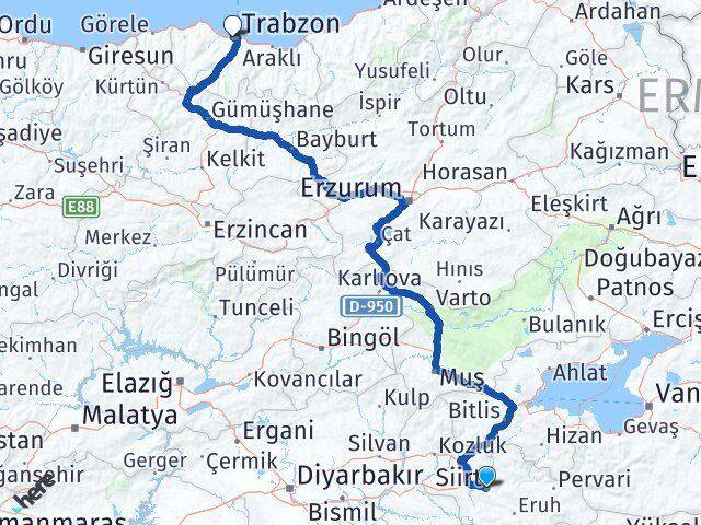Siirt 1 Nolu Erdoğdu Ortahisar Trabzon Arası Kaç Km - Yol Haritası